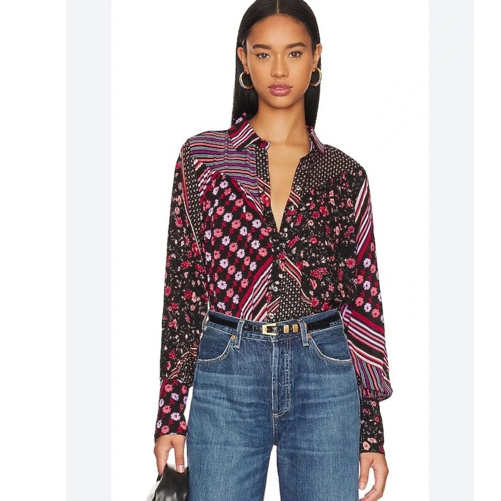 Free People Hazel Buttondown Black Combo Floral Stripe‎ Blouse XS Boho Top